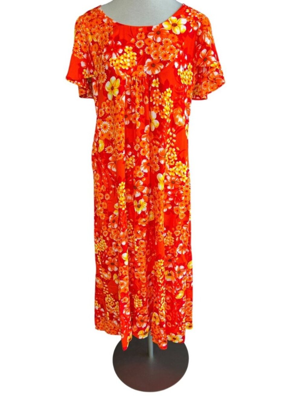 Sears Hawaiian Fashions Vintage 70s Orange Floral Barkcloth Look Muumuu Caftan